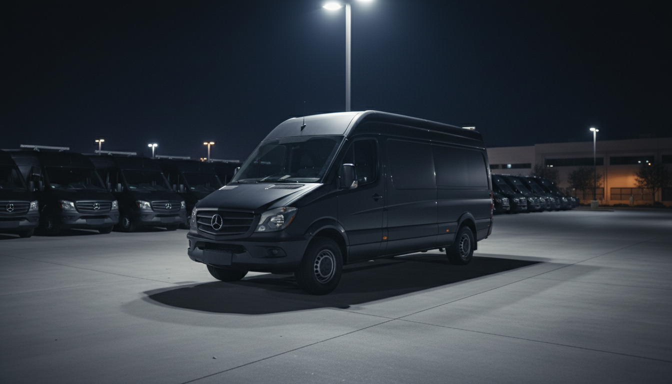 OilFlash service van in corporate lot at night