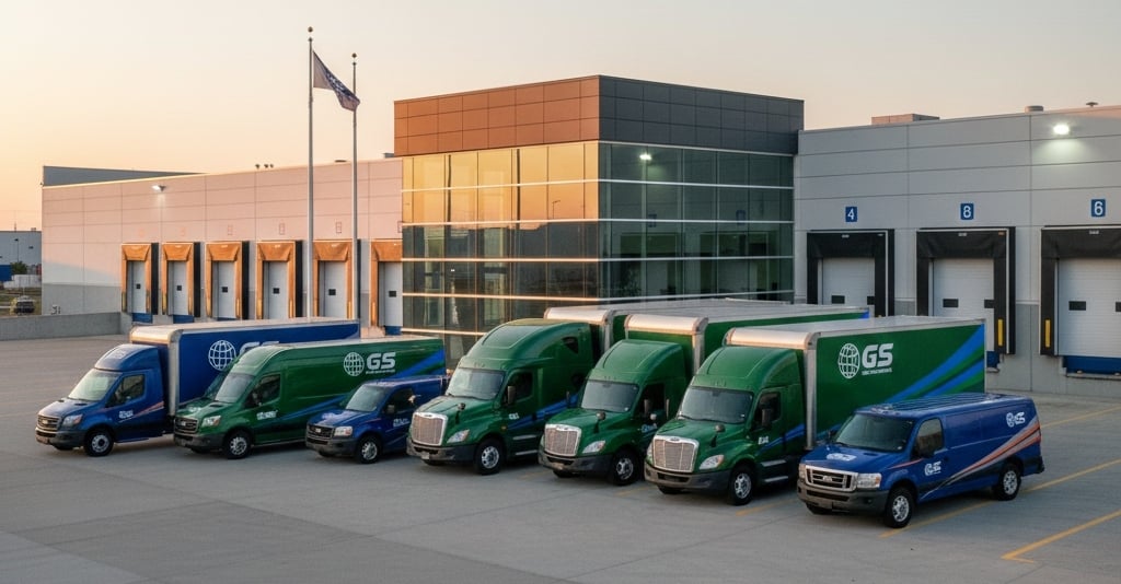 Commercial fleet vehicles parked at distribution center