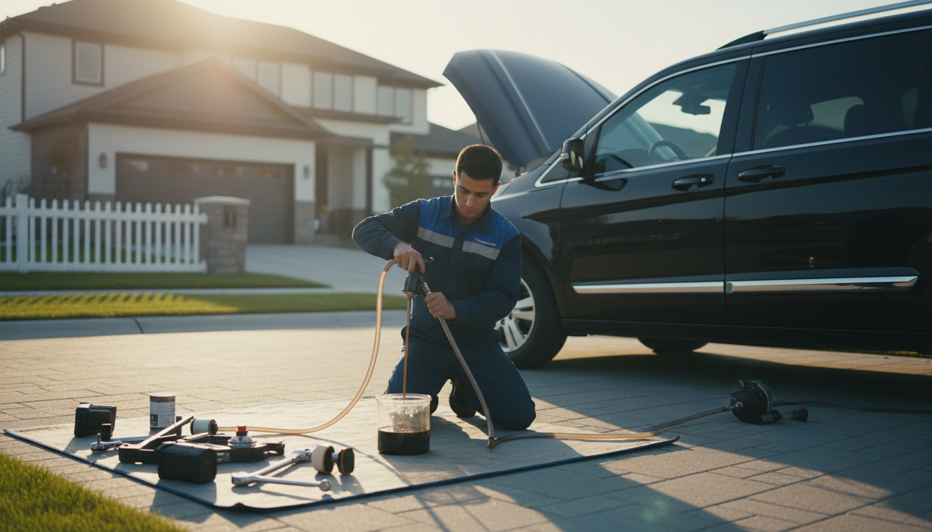 Mobile oil change service at a residential location
