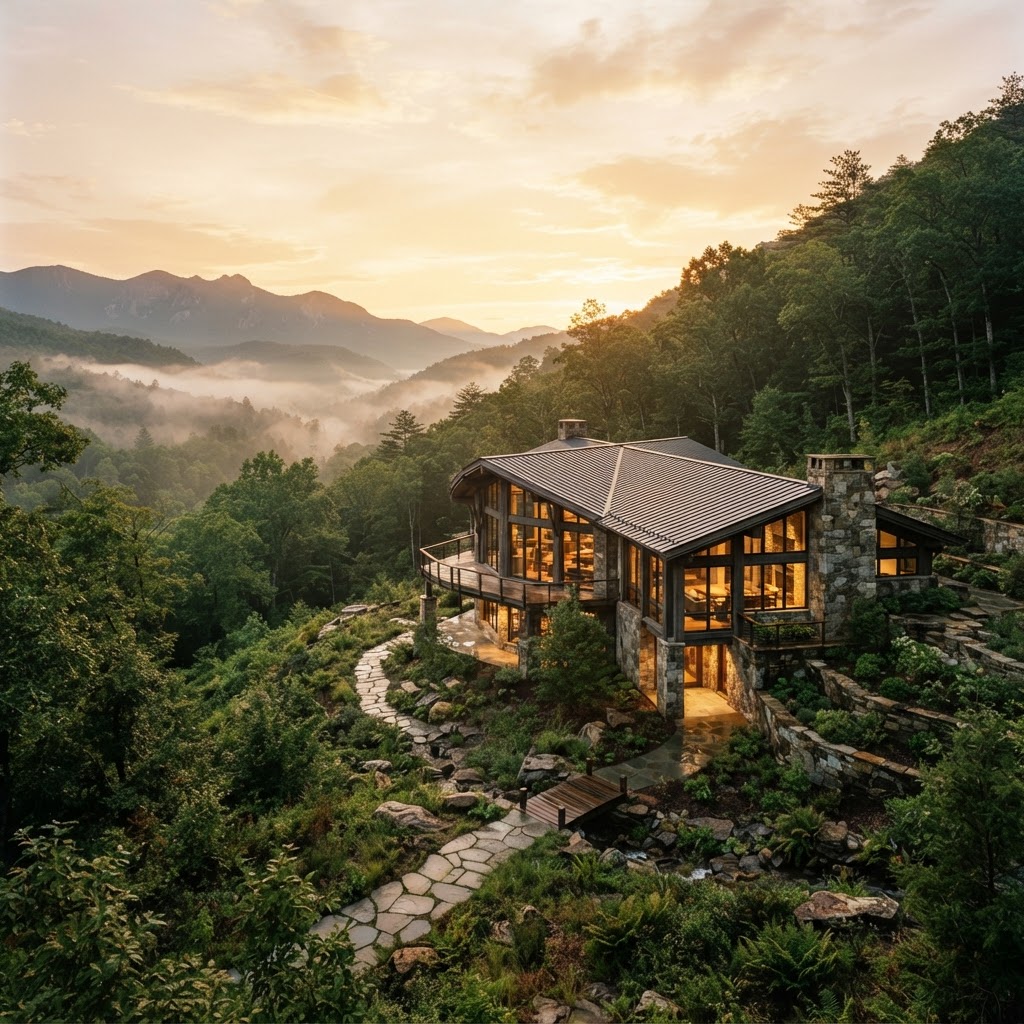 A sanctuary building nestled into a forested hillside at sunrise