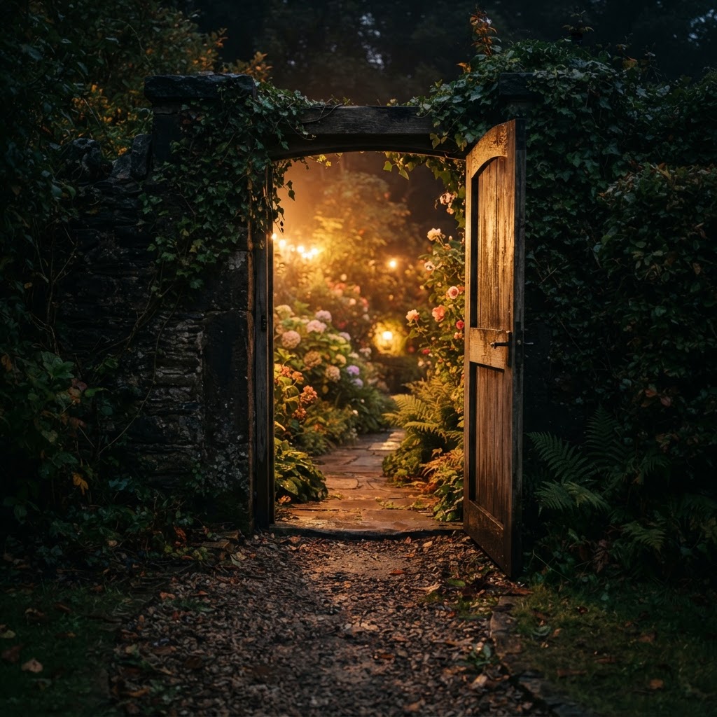 An open garden gate glowing with warm light