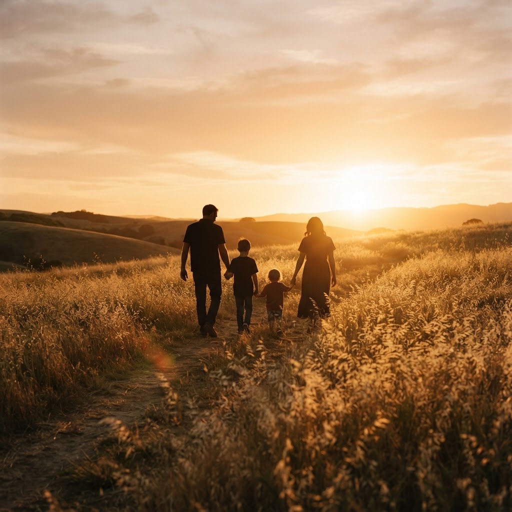 A family walking together toward a bright horizon