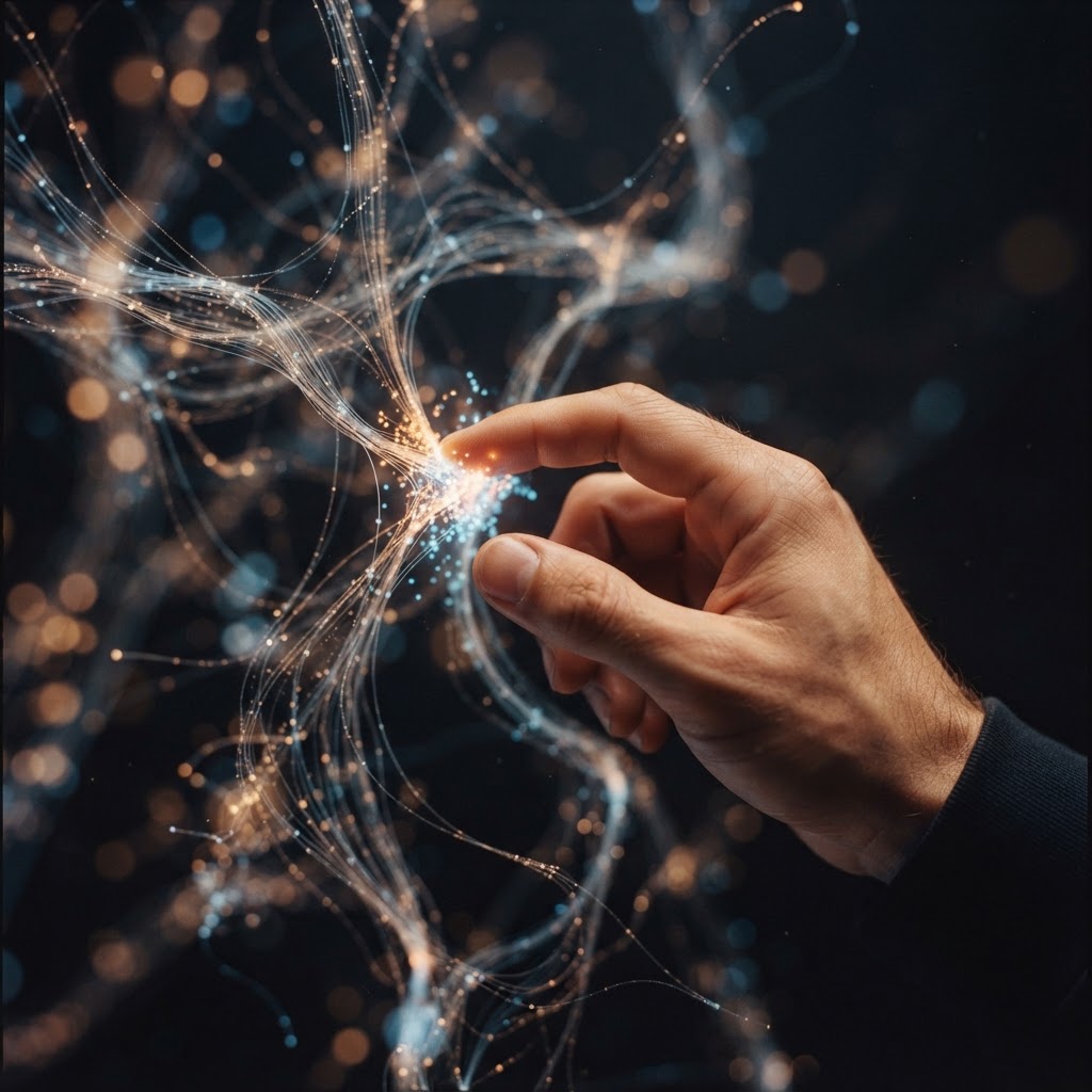 A hand touching a glowing network of light, symbolizing the Mira AI intelligence