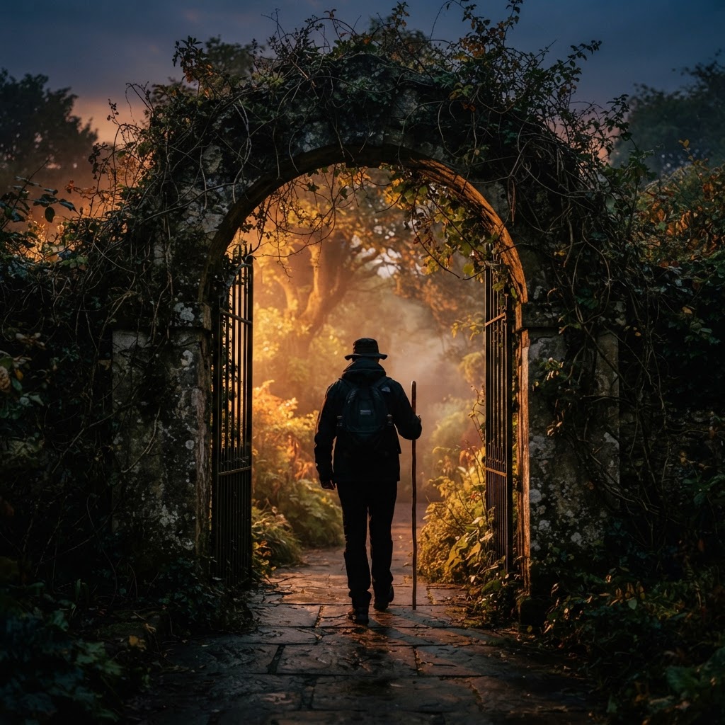 A lone traveler walking toward a warmly lit garden gate