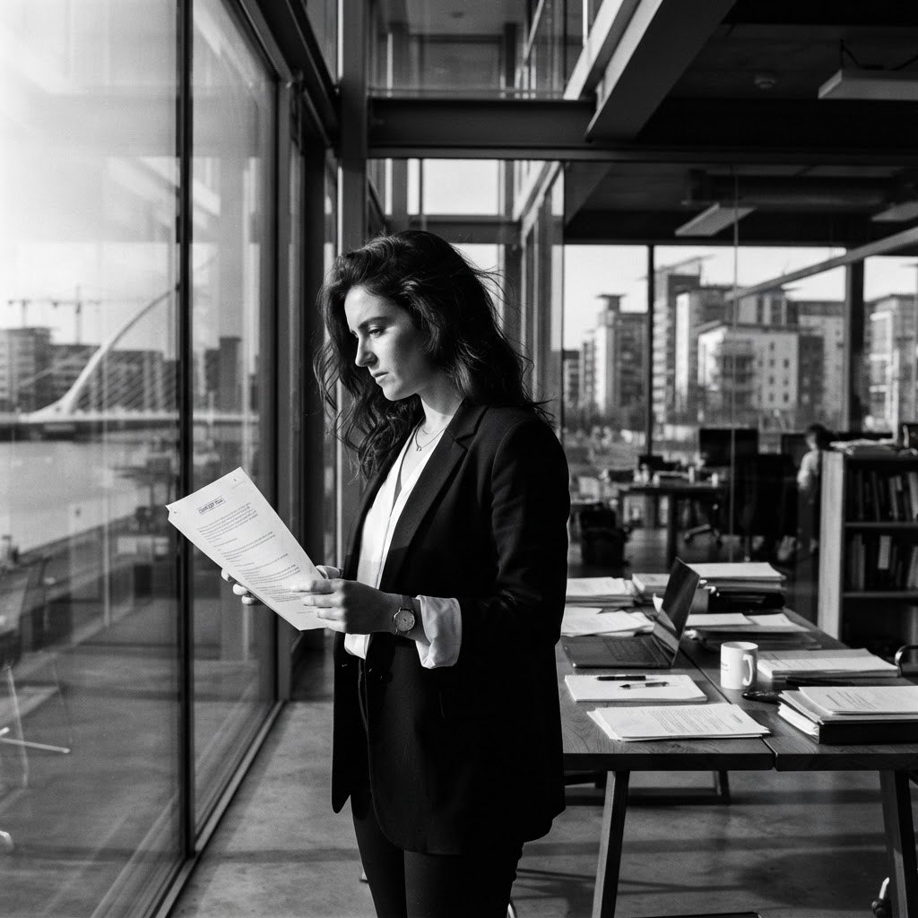 A young Irish female lawyer in a Docklands office with morning light streaming in