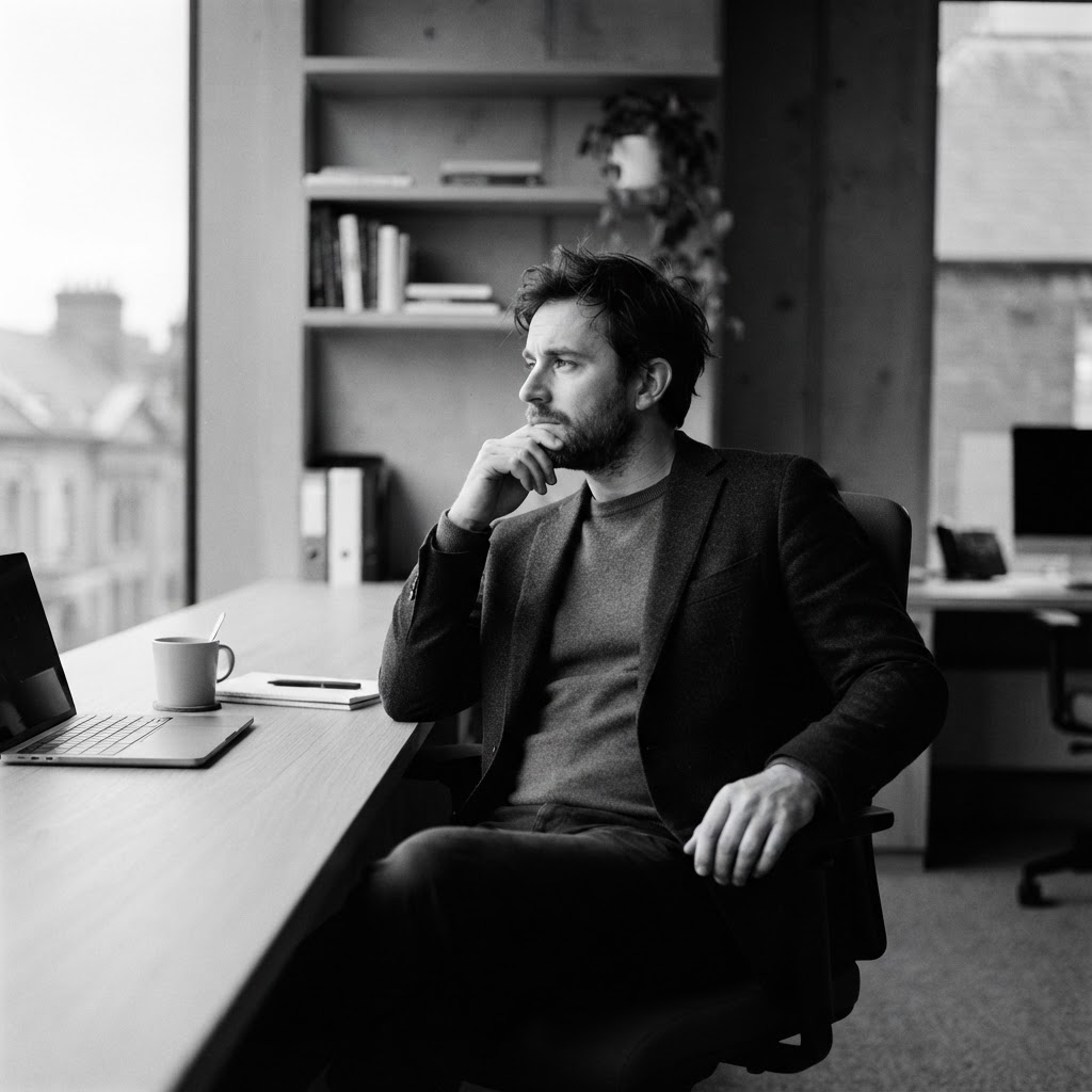 A monochrome documentary portrait of a professional in a modern Irish law firm office, leaning back thoughtfully beside a desk with a laptop