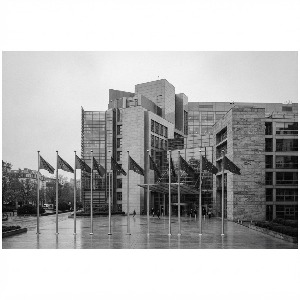 Monochrome modern European Union building with a row of EU flags waving outside