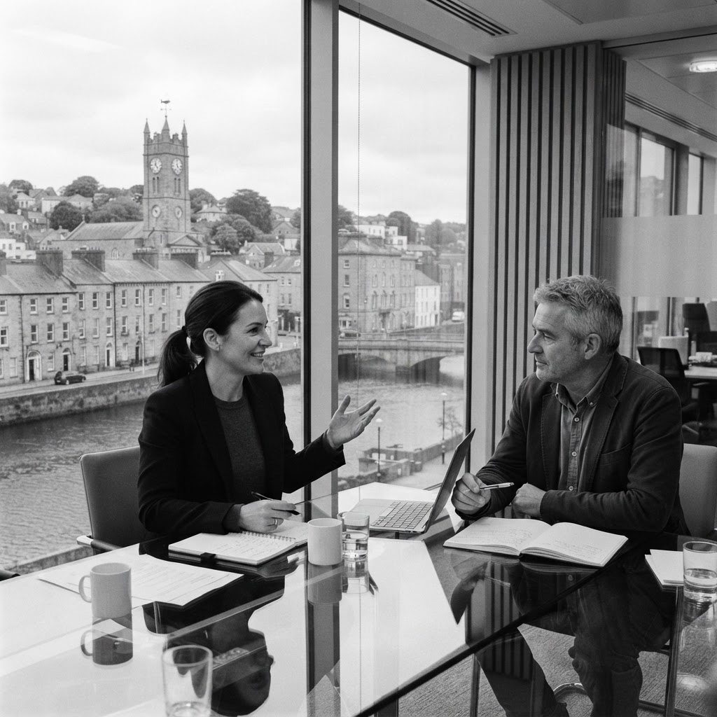 Two professionals in a brainstorming session in a modern office with a view of Cork City through the window
