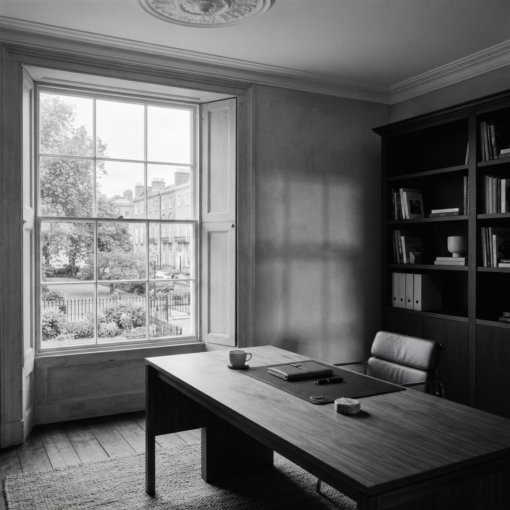 Monochrome office interior with a window view over Merrion Square, Dublin