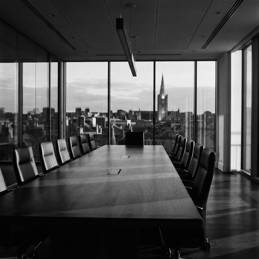 A monochrome view of a refined modern boardroom in an Irish law firm, with a long oak table and Dublin cityscape visible through floor-to-ceiling glass