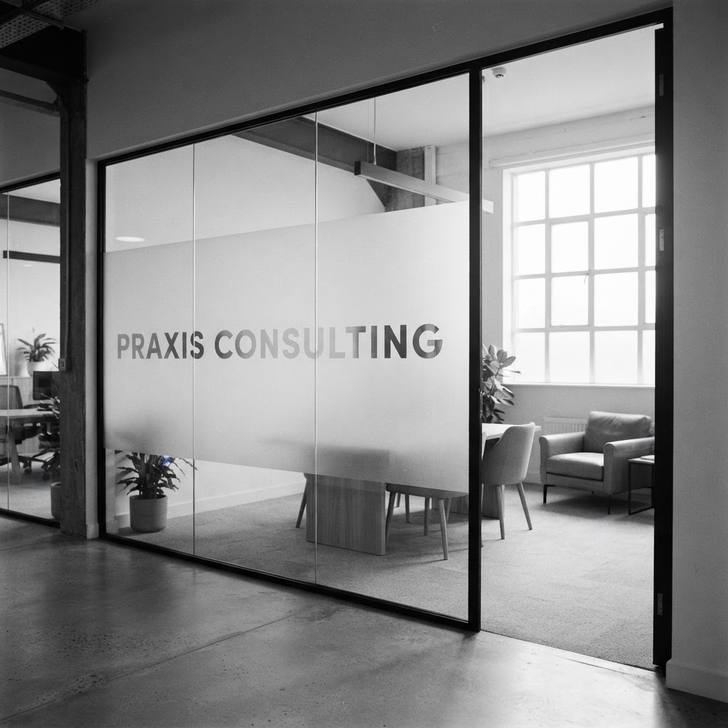 A wide monochrome documentary photograph of an empty modern meeting room seen through a frosted glass partition etched with the Praxis Consulting brand name