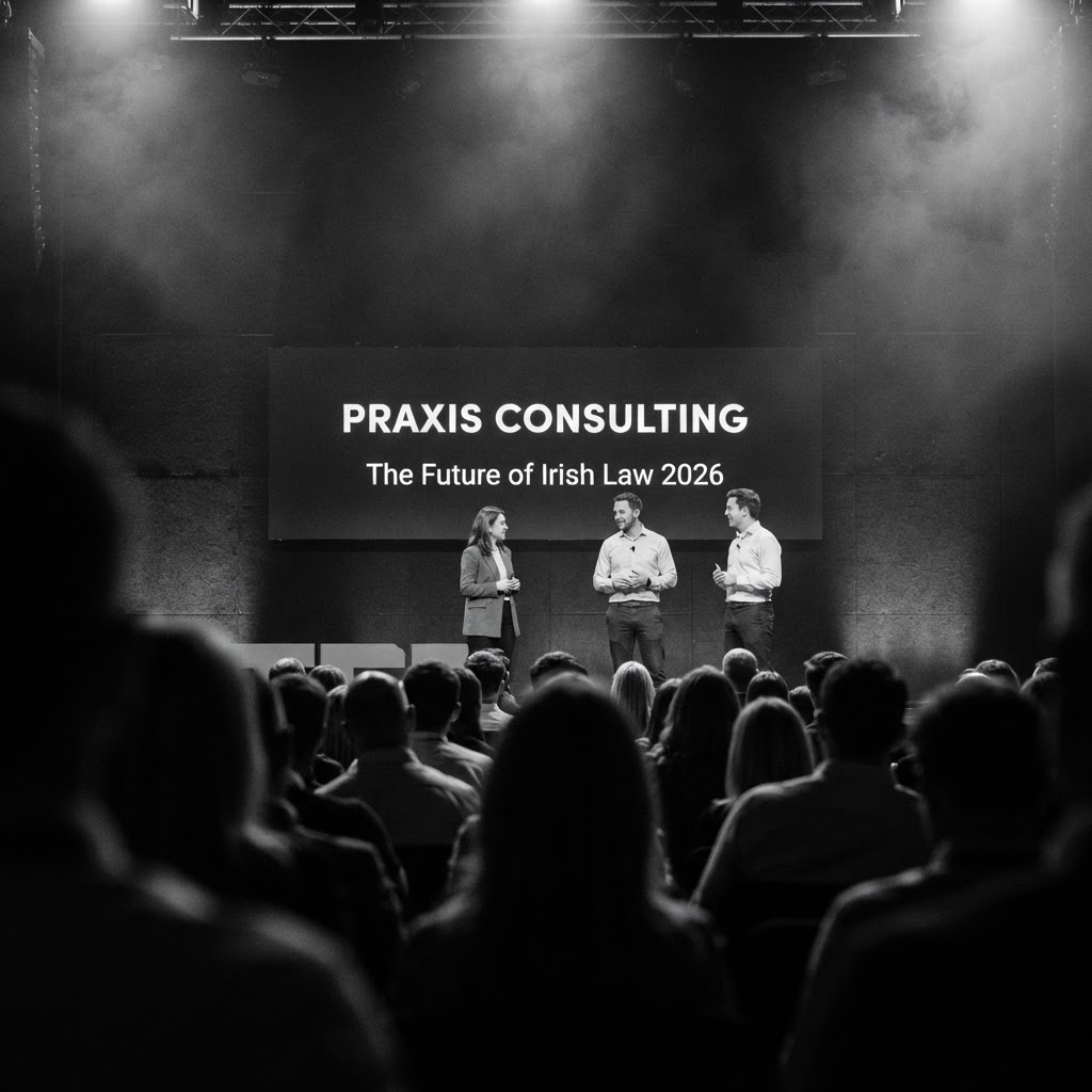 A black-and-white TED-style talk with three speakers on stage in front of a wide Praxis Consulting branded screen reading The Future of Irish Law 2026, with audience rows in the foreground