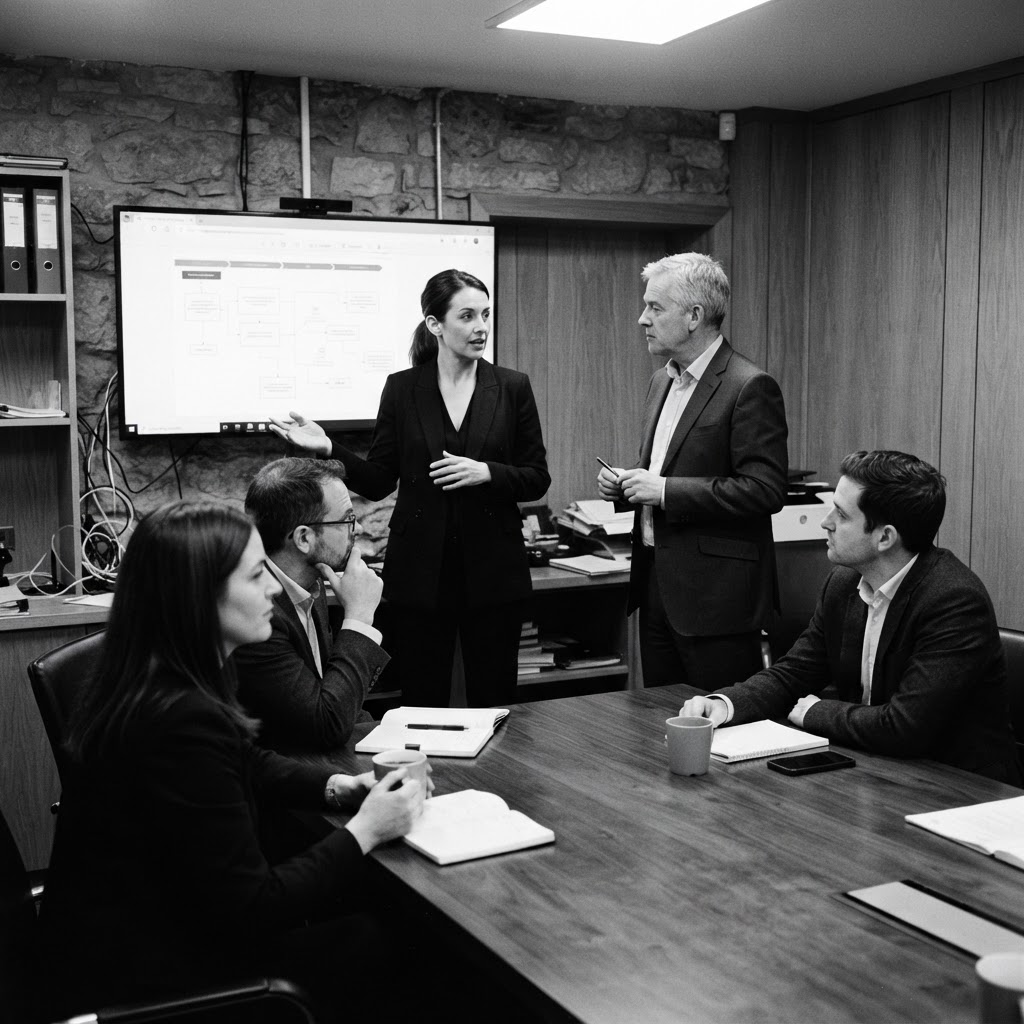 A candid monochrome documentary scene of two colleagues near a digital screen with legal workflow paths and three engaged colleagues around a table in a comfortable windowless Irish law firm meeting room