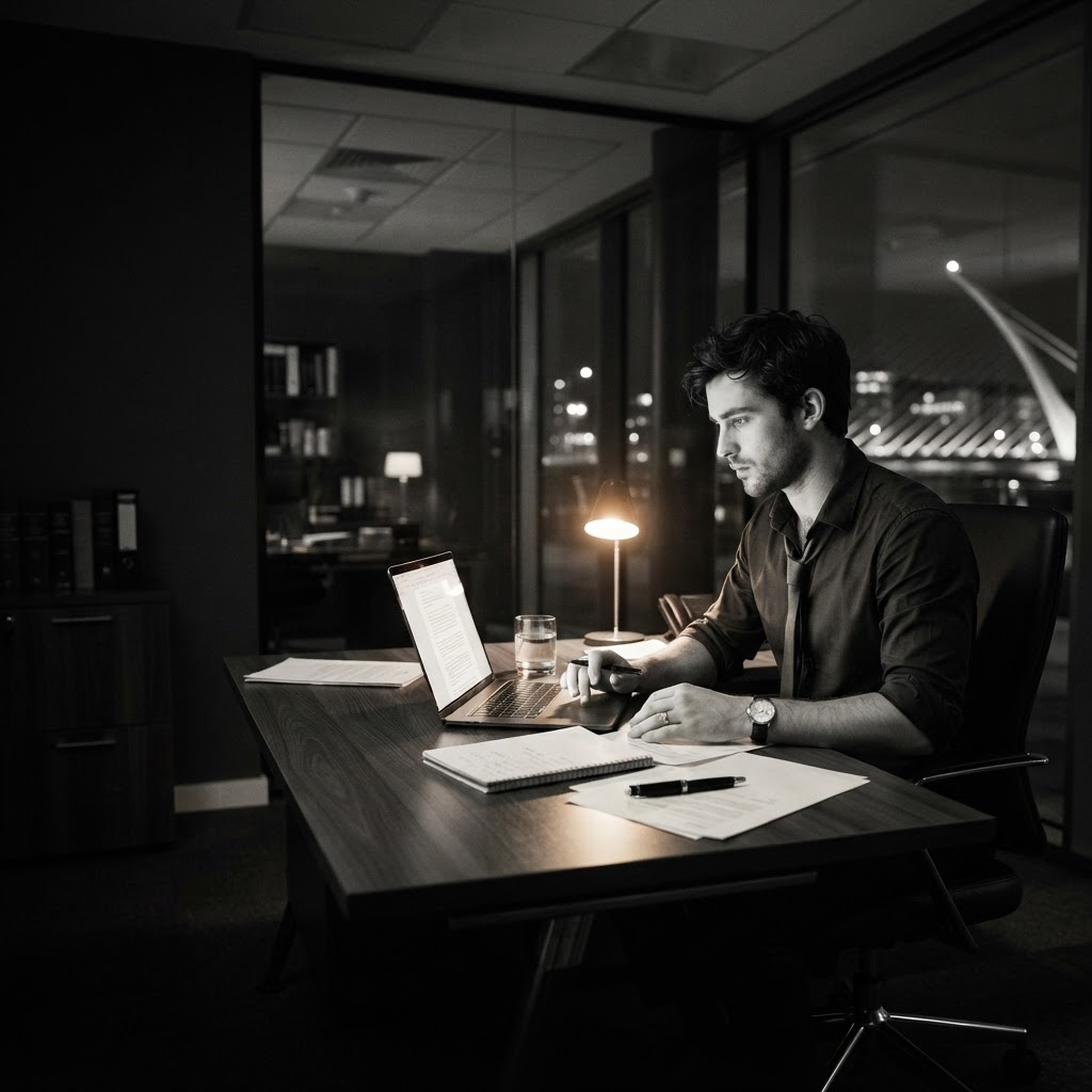 A young Irish lawyer working late at night in a Dublin law office