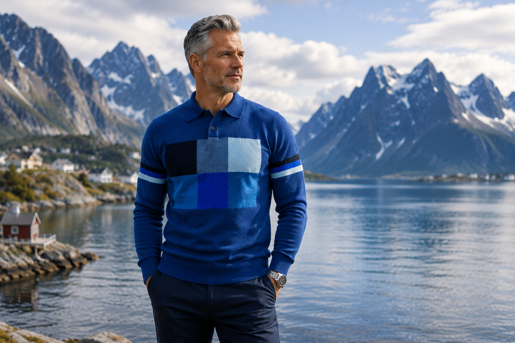 Vennlig bestefar i Nordic Six intarsia polo genser ved norsk fjord
