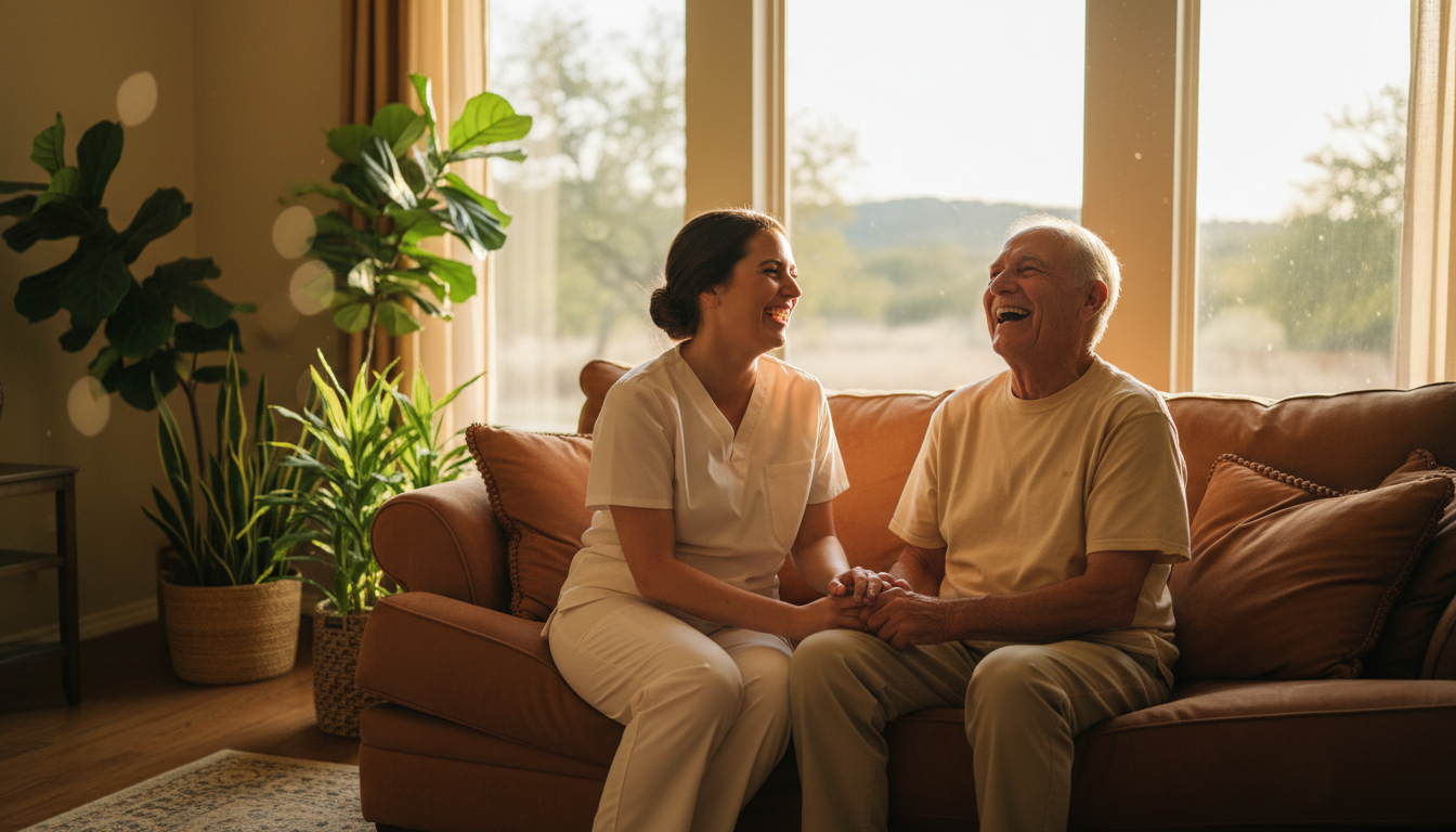 Compassionate caregiver with patient in a warm Texas home