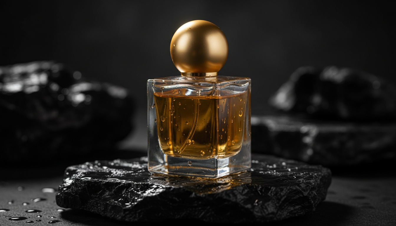 Luxury fragrance bottle on obsidian stone