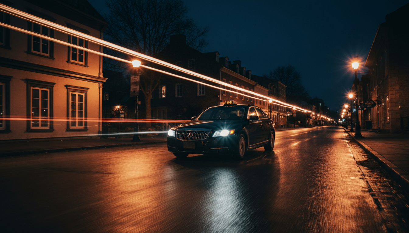 Taxi traversant les rues de Victoriaville la nuit