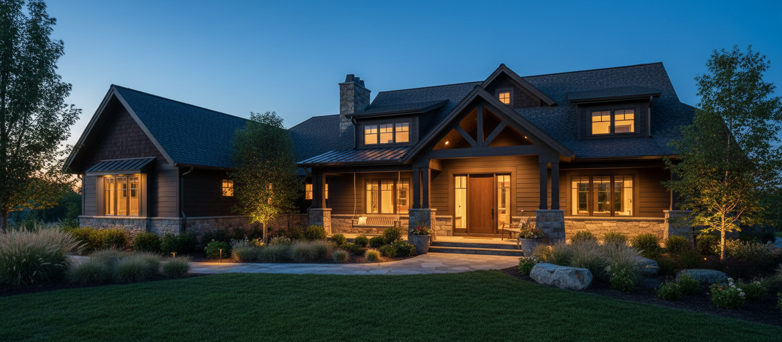 Elegant home exterior at golden hour with warm light glowing from windows