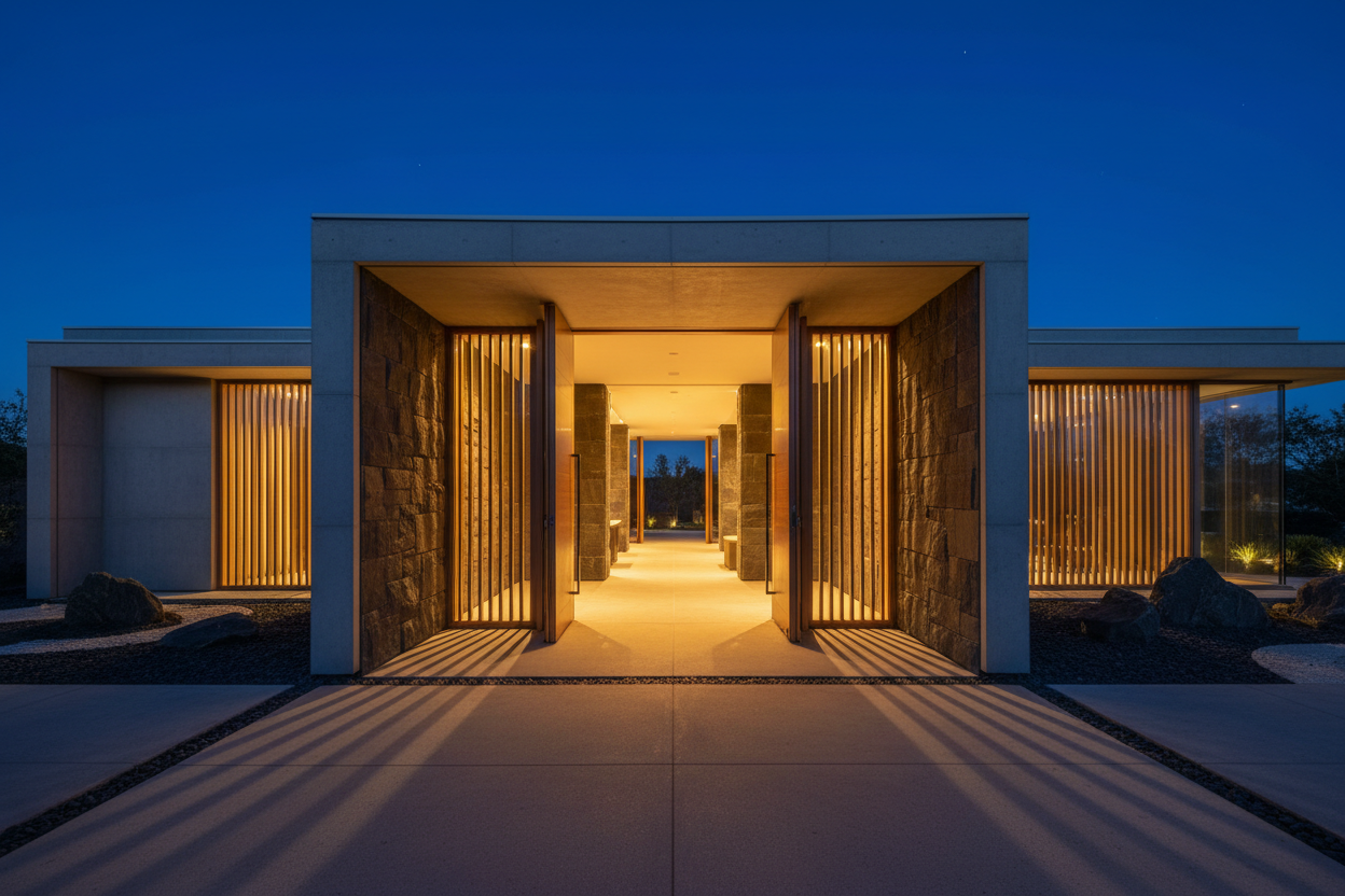 Architectural doorway at dusk with warm golden interior light against deep blue twilight