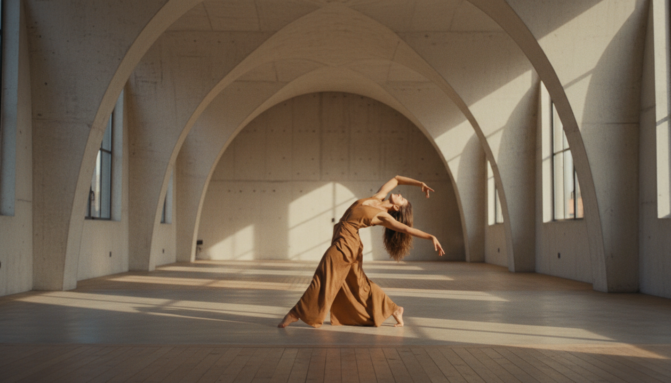 A body in fluid somatic movement within a vast minimalist interior