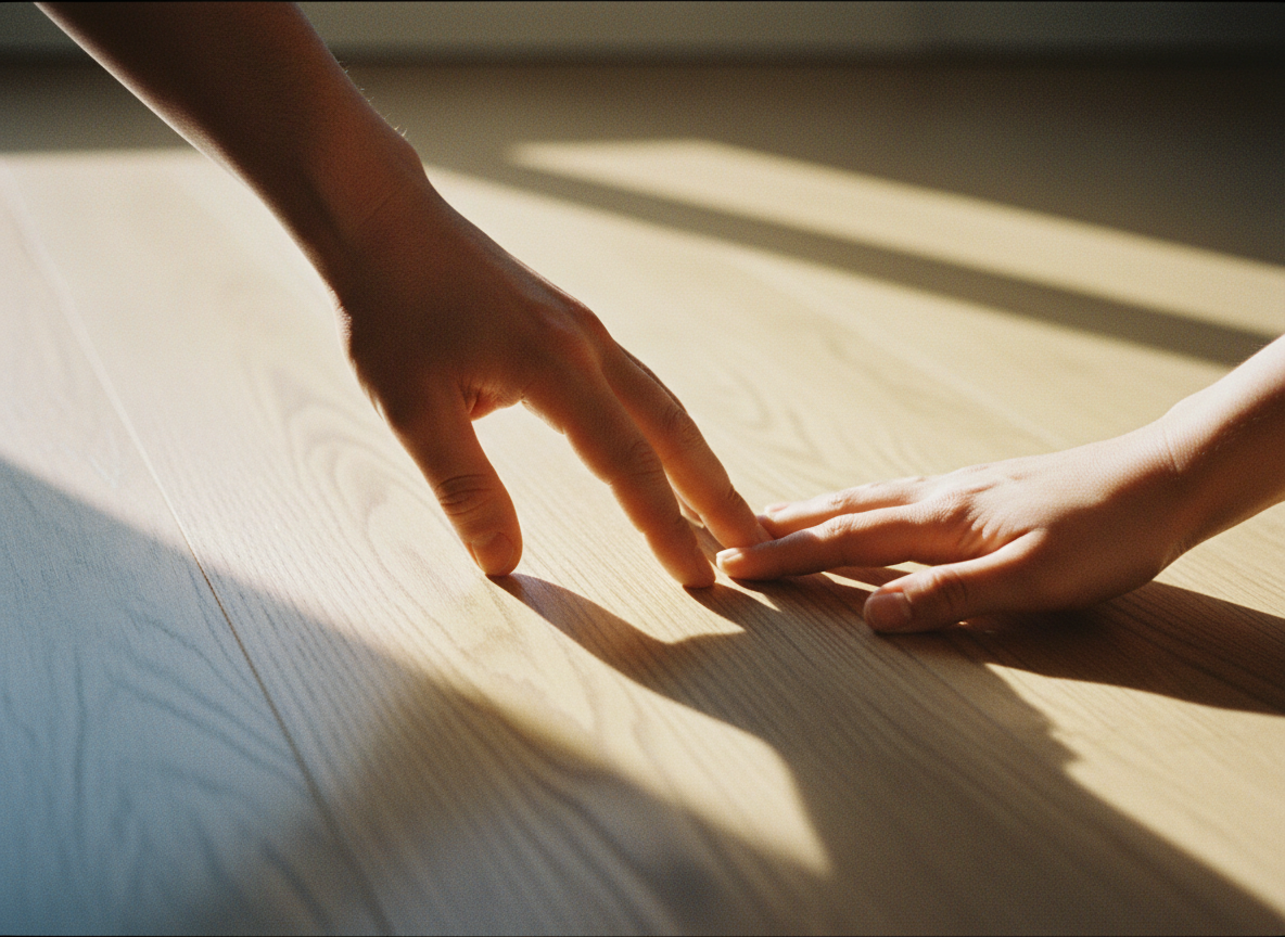 Hands touching wooden surface in warm golden light