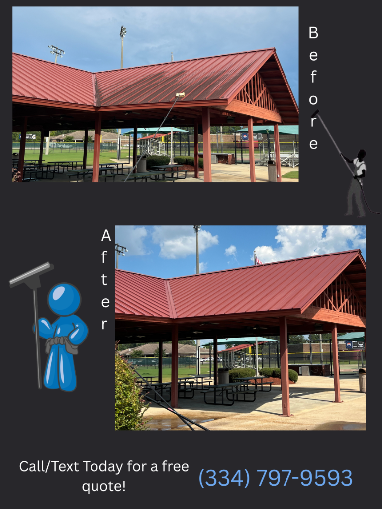 Before and after Roof Cleaning at a commercial property in Dothan, AL by EcoClear Dothan