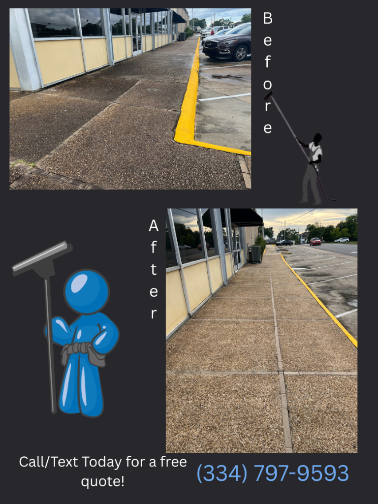 Before and after Concrete Cleaning at a commercial property in Dothan, AL by EcoClear Dothan