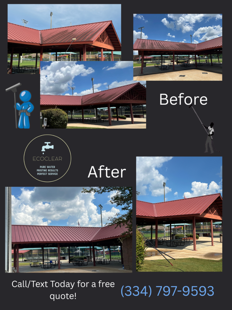 Before and after Roof Cleaning at a commercial property in Dothan, AL by EcoClear Dothan