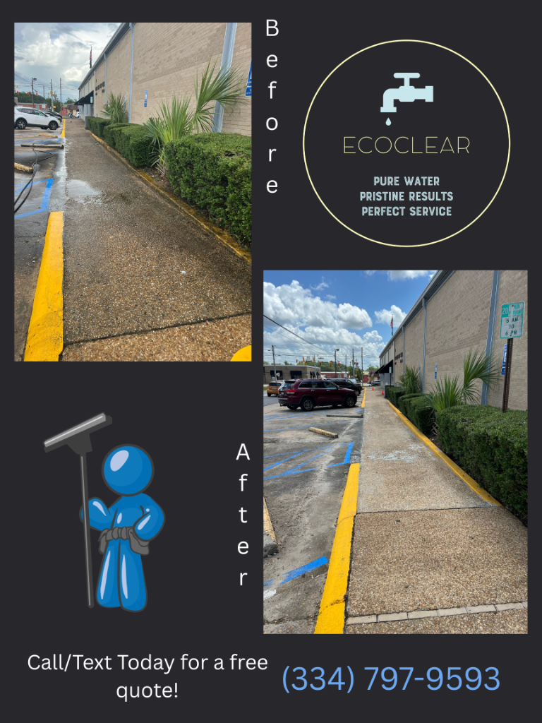 Before and after Concrete Cleaning at a commercial property in Dothan, AL by EcoClear Dothan