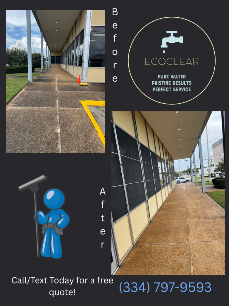 Before and after Concrete Cleaning at a commercial property in Dothan, AL by EcoClear Dothan
