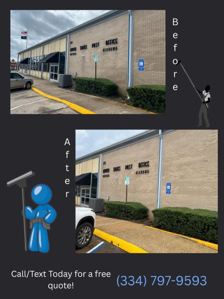 Before and after Soft Washing at a commercial property in Dothan, AL by EcoClear Dothan