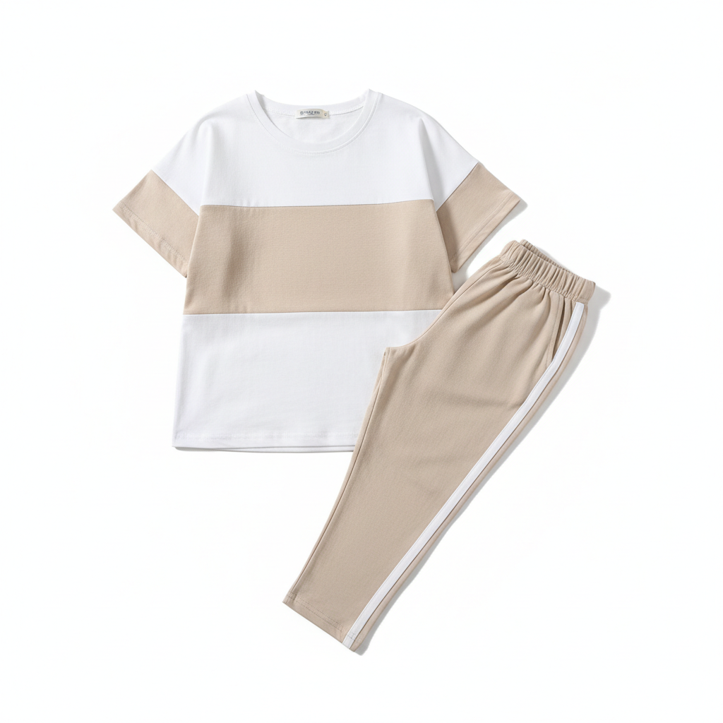 Girls Bynesha White/Beige T-Shirt Pant Set