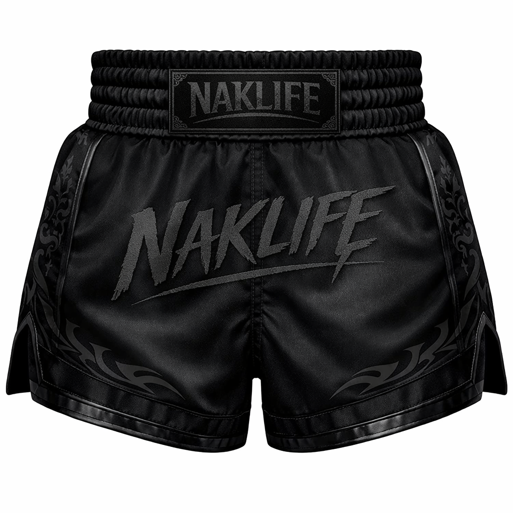 NAK LIFE Muay Thai Shorts — Stealth Black-on-Black Series