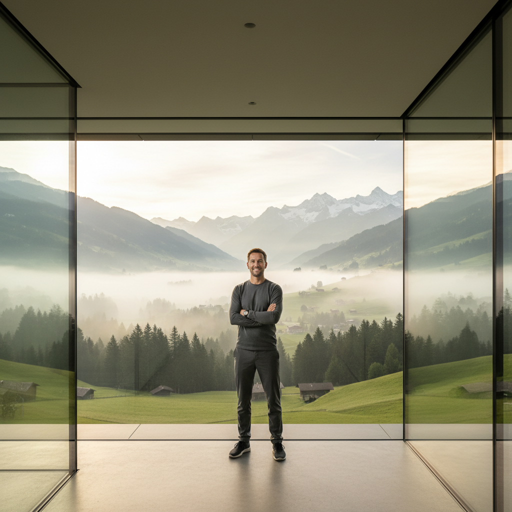 Vue alpine depuis une architecture moderne en verre