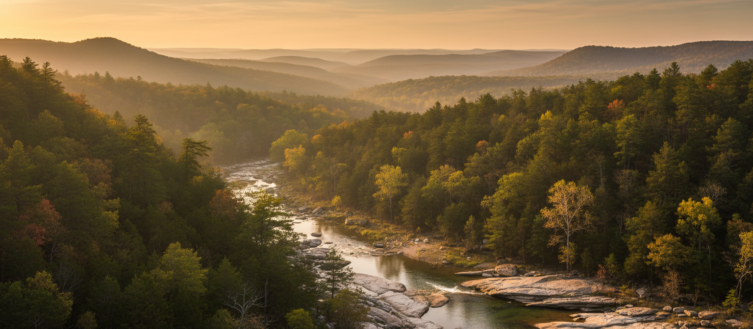 Ozark Mountains landscape at golden hour near Oppelo, Arkansas – Ozark Aussiedoodles