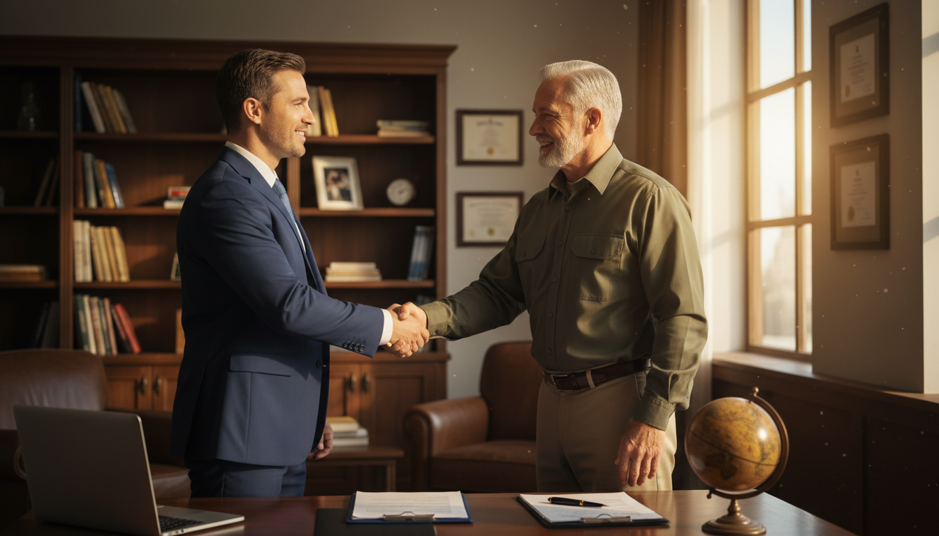 A veteran meeting warmly with a loan officer in a sunlit office