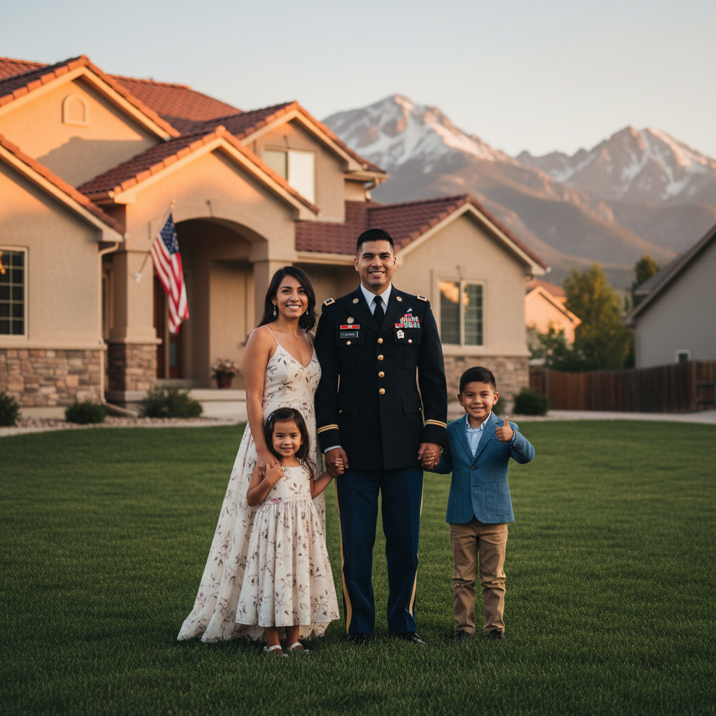 A military veteran family standing proudly in front of their Colorado home at golden hour