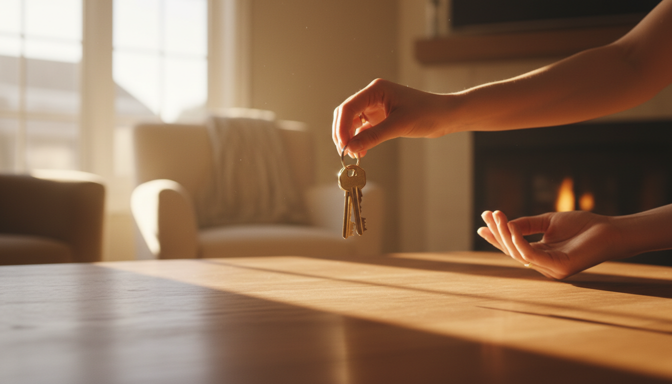 House keys being handed over in warm sunlight, symbolizing homeownership