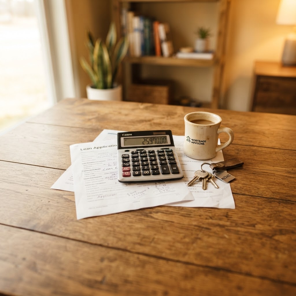 Calculator and financial documents on a warm wooden desk