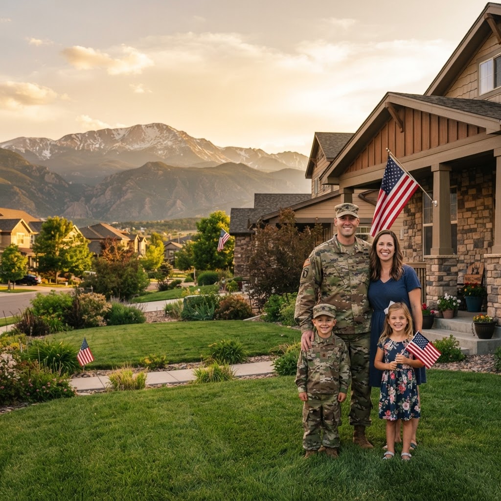 Military family in front of their Colorado Springs home with Pikes Peak behind