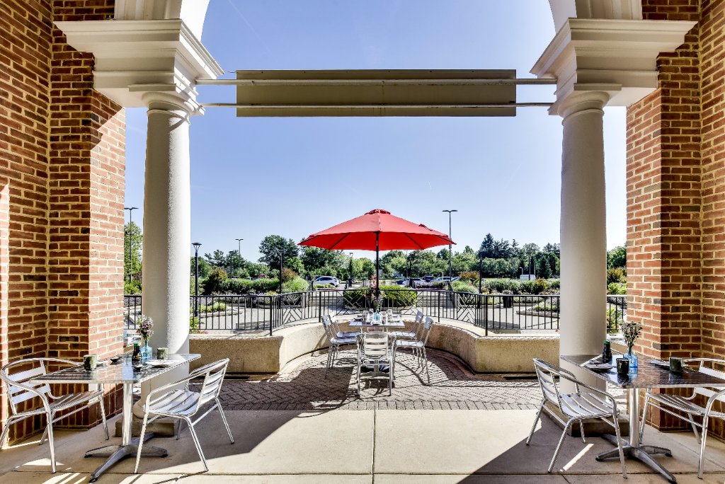 Yama Sushi outdoor patio with red umbrella