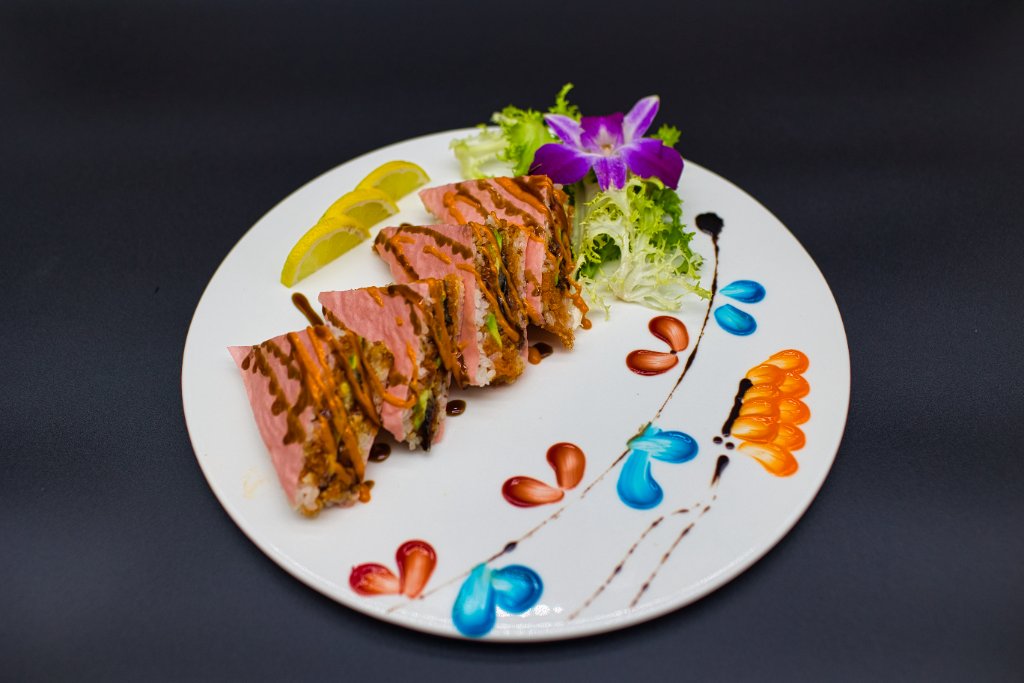 Tuna katsu sushi close up with flowers