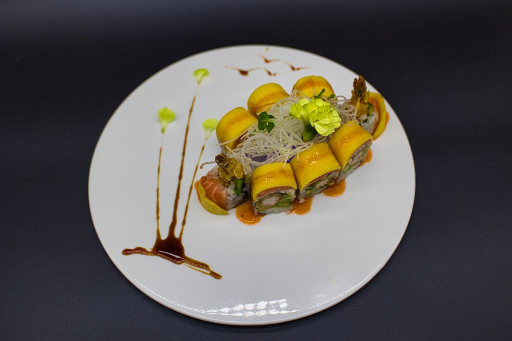Mango roll with tempura shrimp on top