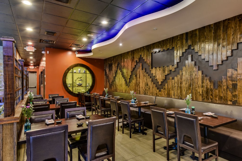 Main dining room with blue ceiling accent