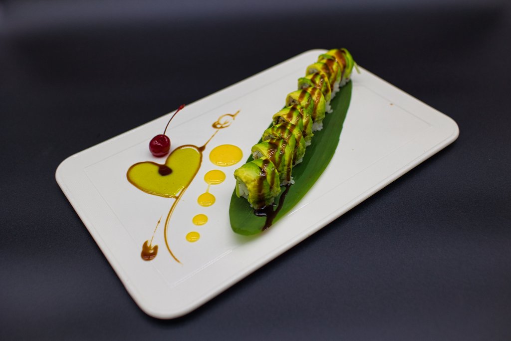 Salmon flower roll on artistic plate