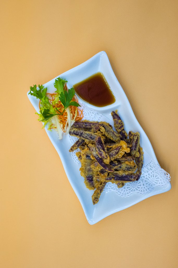 Eggplant tempura overhead view