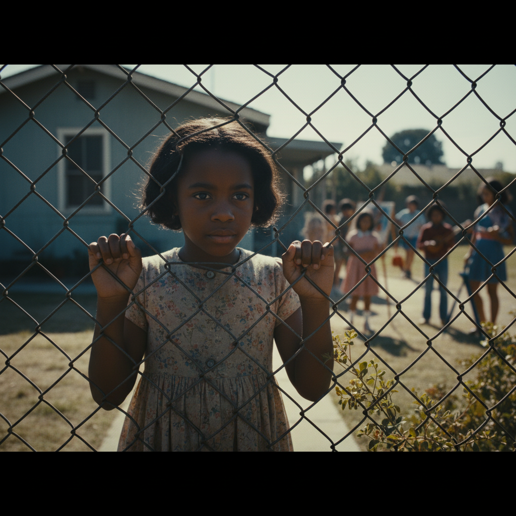 A young Black girl in a modest California neighborhood, watching other children participate in activities she cannot join, symbolizing closed doors and limited access.