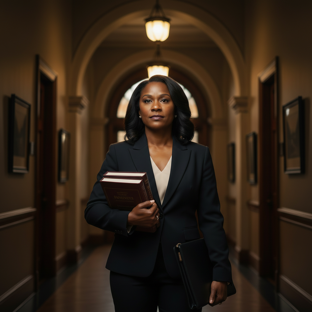 Confident woman in business attire, symbolizing her MBA from UMUC and early leadership.