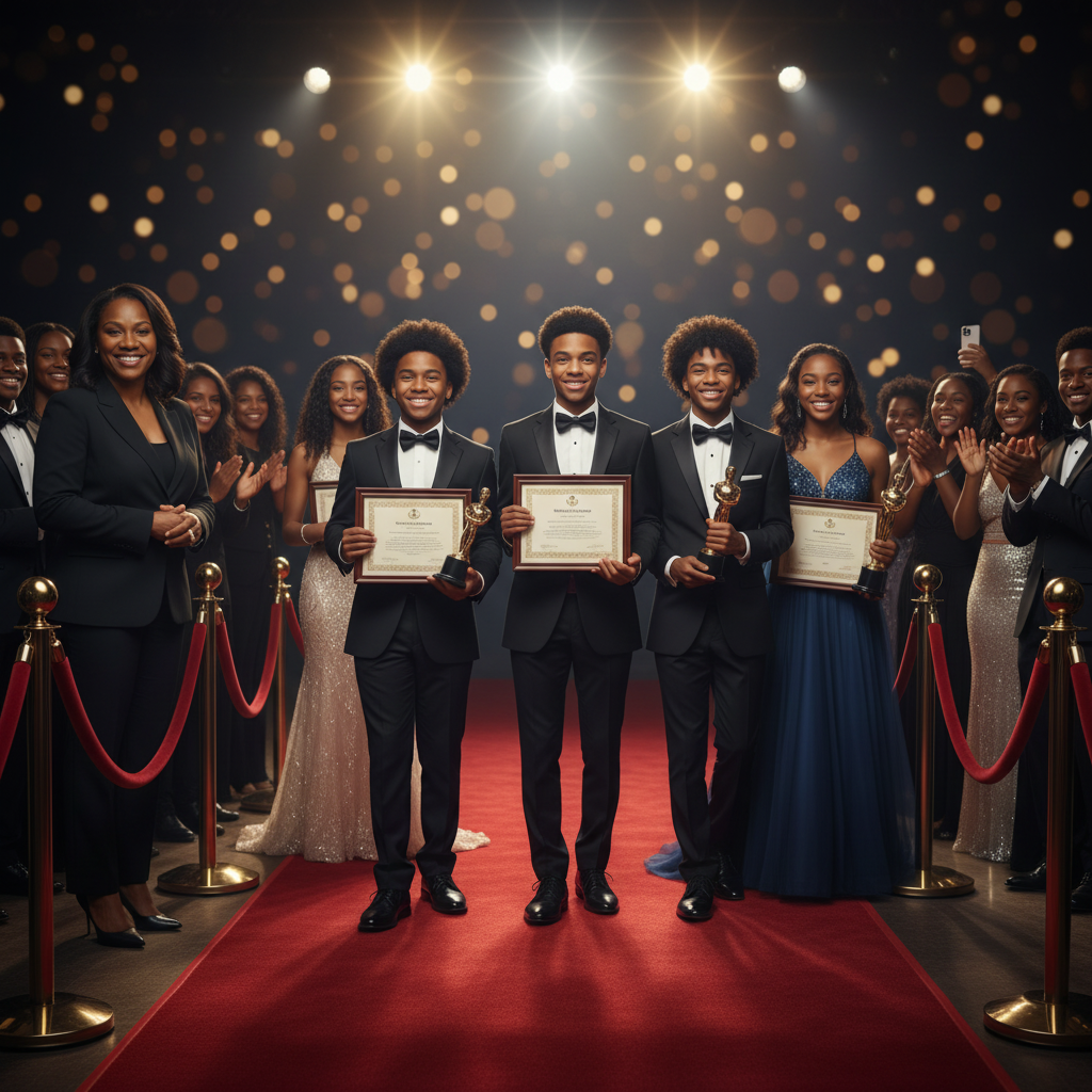 Students celebrating their documentary achievements, stepping onto a red carpet with pride.